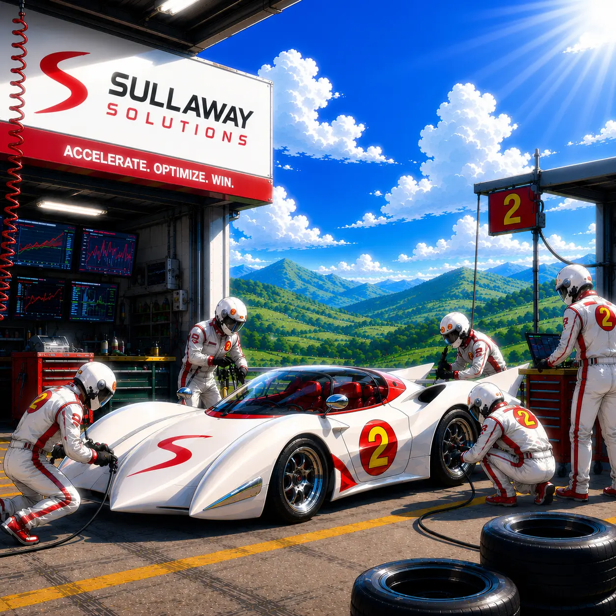 Pit crew working on a racing car